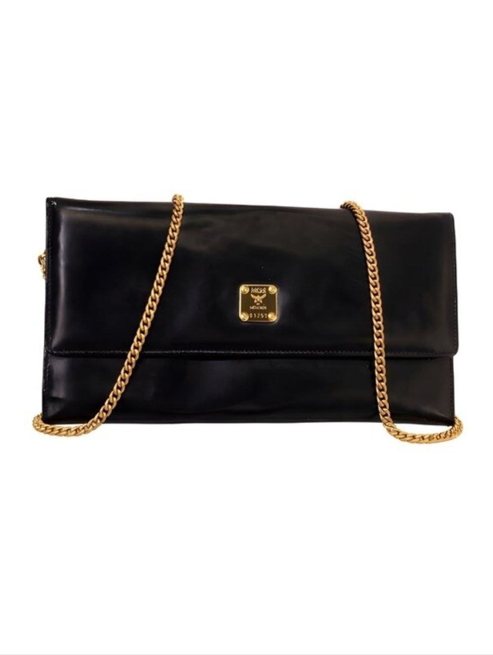 MCM | Vintage Black Patent Leather Chain Shoulder Bag / Clutch Gold Hardware